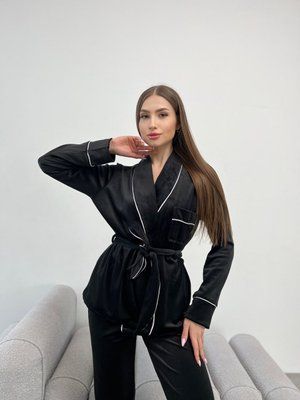 Женская велюровая пижама со штанами и халатом - черная