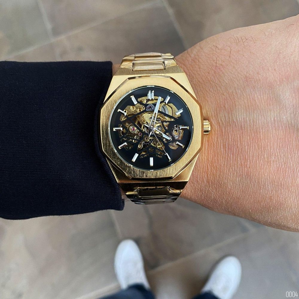 Мужские часы механические с автоподзаводом Gusto Skeleton Gold-Black