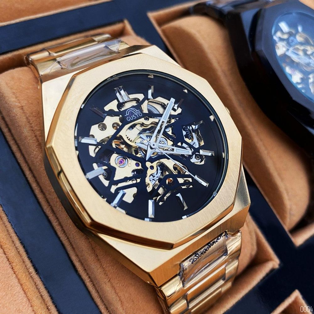 Чоловічий годинник механічний з автопідзаводом Gusto Skeleton Gold-Black