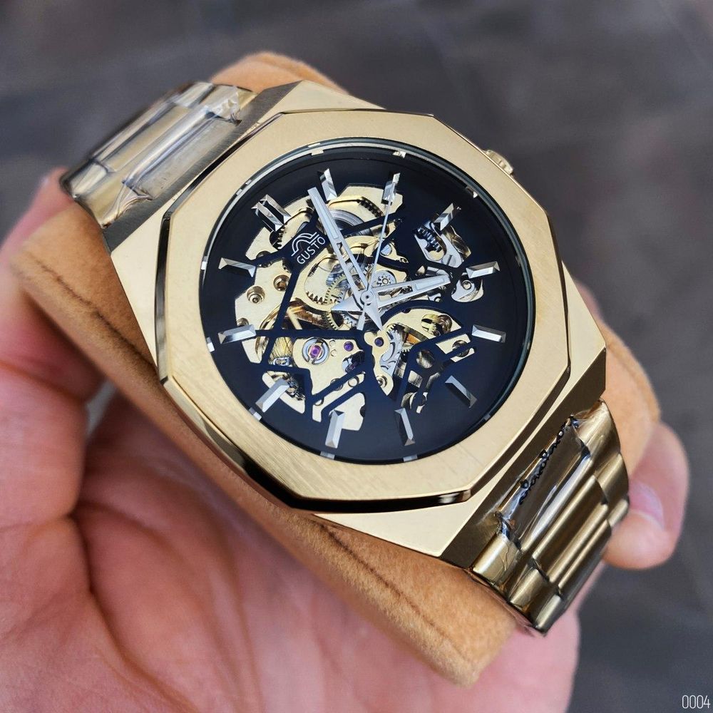 Чоловічий годинник механічний з автопідзаводом Gusto Skeleton Gold-Black