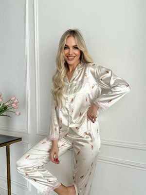 Жіноча шовкова біла піжама з штанами та сорочкою