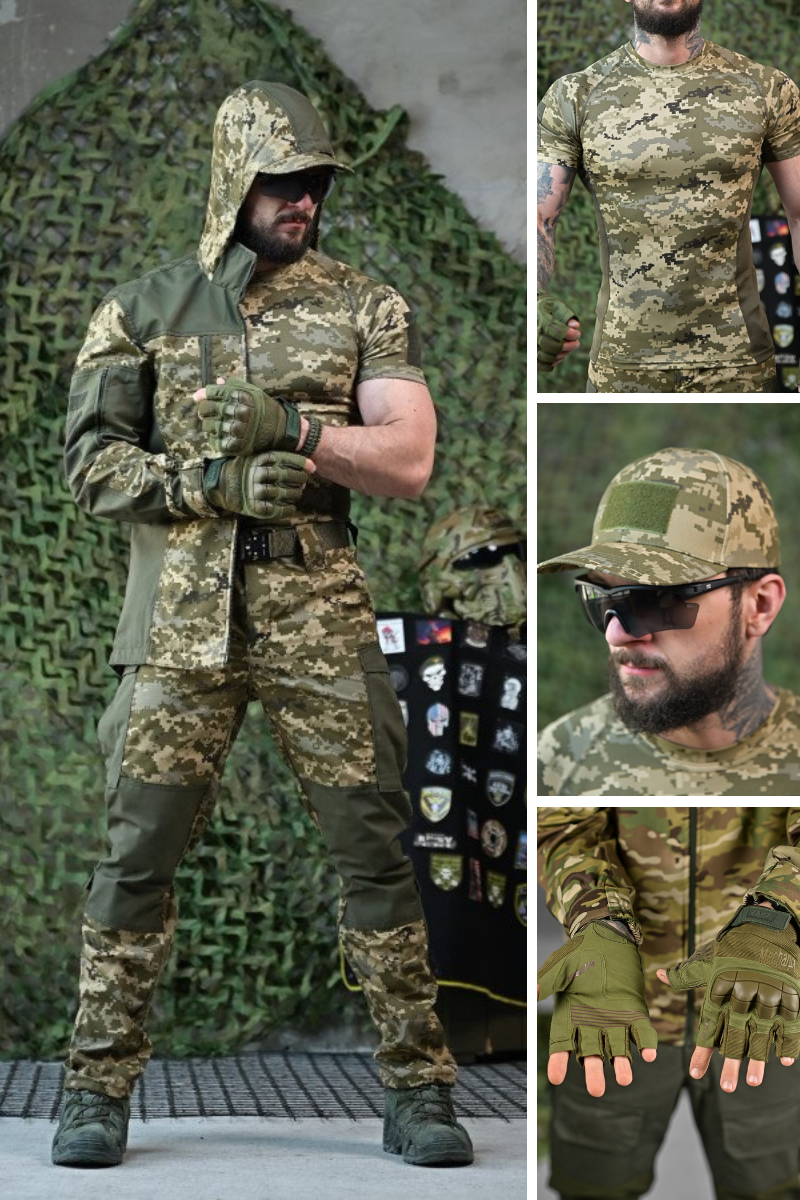 Чоловічий комплект піксель літній 6в1 – костюм гірка, футболка CoolMax, рукавиці, кепка, окуляри, ремінь